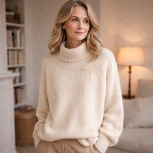 Women’s Vintage Cezanne Silk Angora Lambswool Blend Ivory Beaded Sweater Sz Med